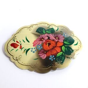 Vintage Russian Hand Painted Floral Brooch Scalloped Edge Folk Art Yellow Red